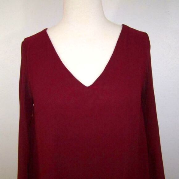Miami Dress XS Cold Shoulder Long Tie Cuff Embroidered Sleeve Chiffon Burgundy - Picture 3 of 10